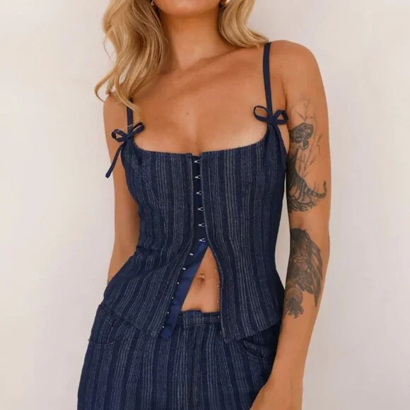 NWT LIONESS Fame Corset Navy Pinstripe - M - Picture 1 of 6